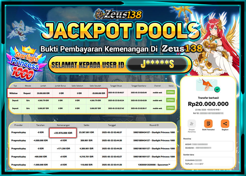 ZEUS138 STARLIGHT PRINCESS 1000 Rp.20.000.000,-